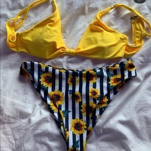 Yellow top with sunflower striped bottoms